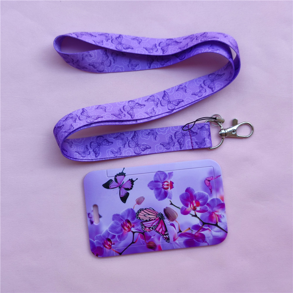 Farfalla modello cartone animato ID porta carte di credito studenti Bus Card Case cordino visita porta identità Badge Card Cover: long rope card Case