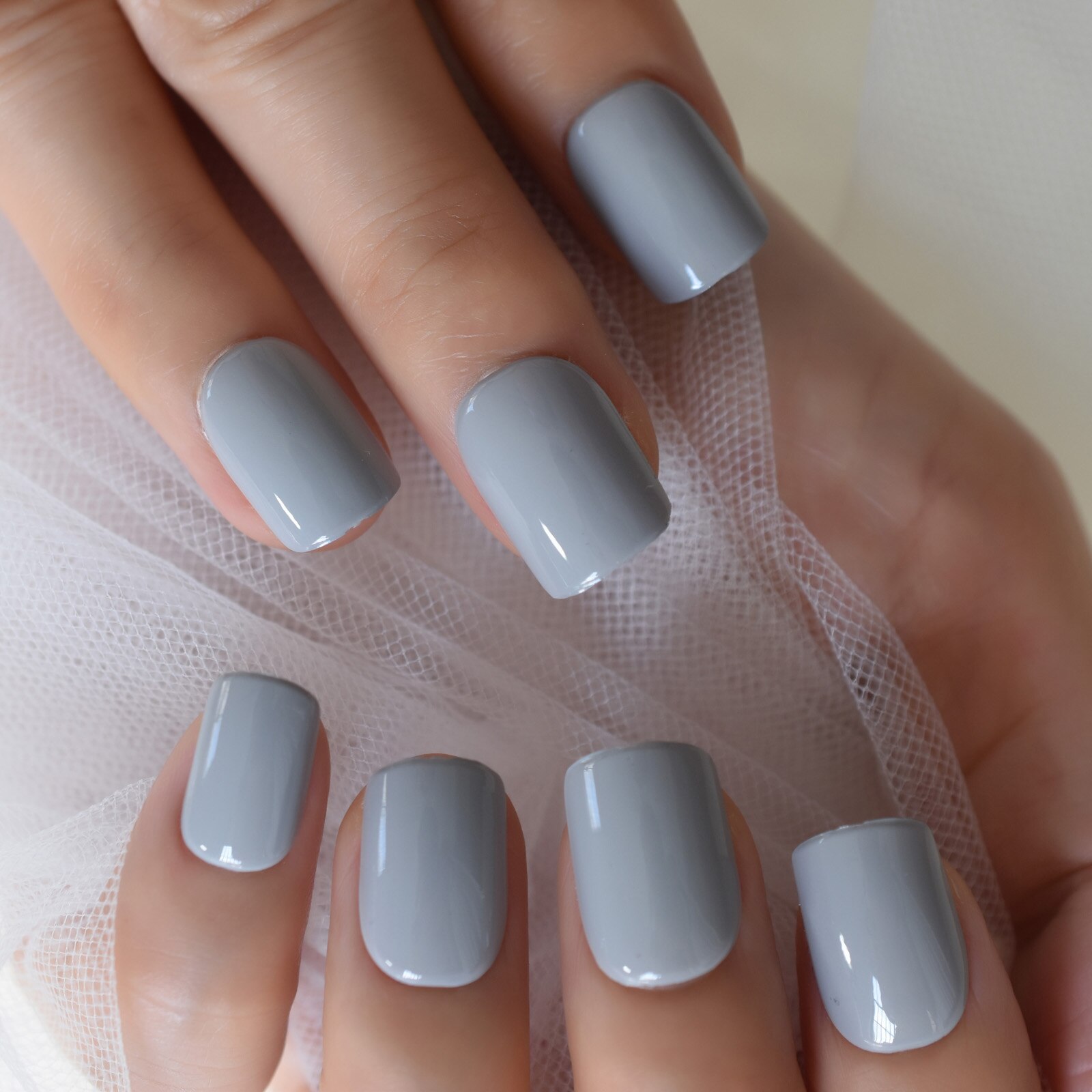 Faux Ongles à pression, brillant, haute luminosité, couverture complète, gris clair, couleur unie, manucure, avec onglets de colle