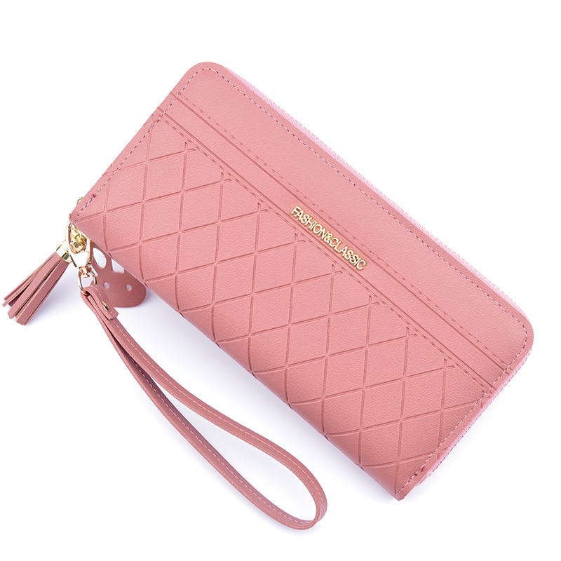 Cartera de mujer con cremallera de gran capacidad monedero Lychee patrón de hoja cartera Clutch billeteras estándar de larga PU