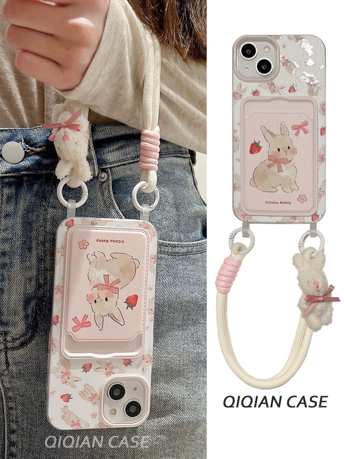 Funda de teléfono con conejo de fresa para iPhone 14 Pro Max 15 11 12 13 XR 8 7 Plus X XS SE 2022, funda de silicona suave