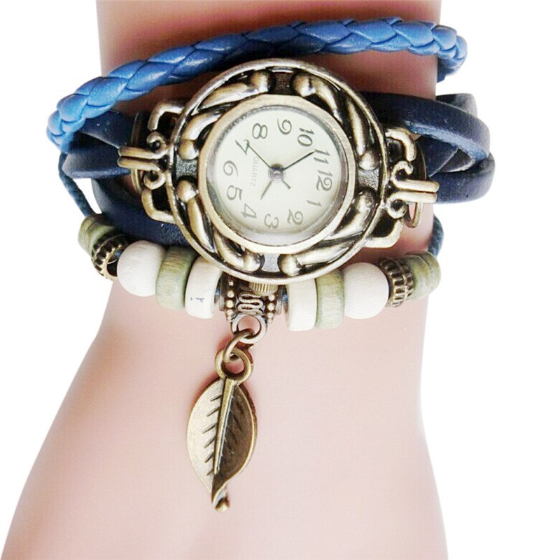 Vrouw Armband Horloge Lederen Band Leaf Hanger Ladie Horloge Retro Eenvoudige Quartz Lady Klok Relogi montre dames horloges # W: Blauw