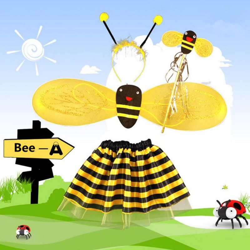 4 stk/sæt kid fairy kostume sæt mariehøne bi glitter sød vingestribet lagdelt tutu nederdel tryllestav pandebånd dress up halloween outfit
