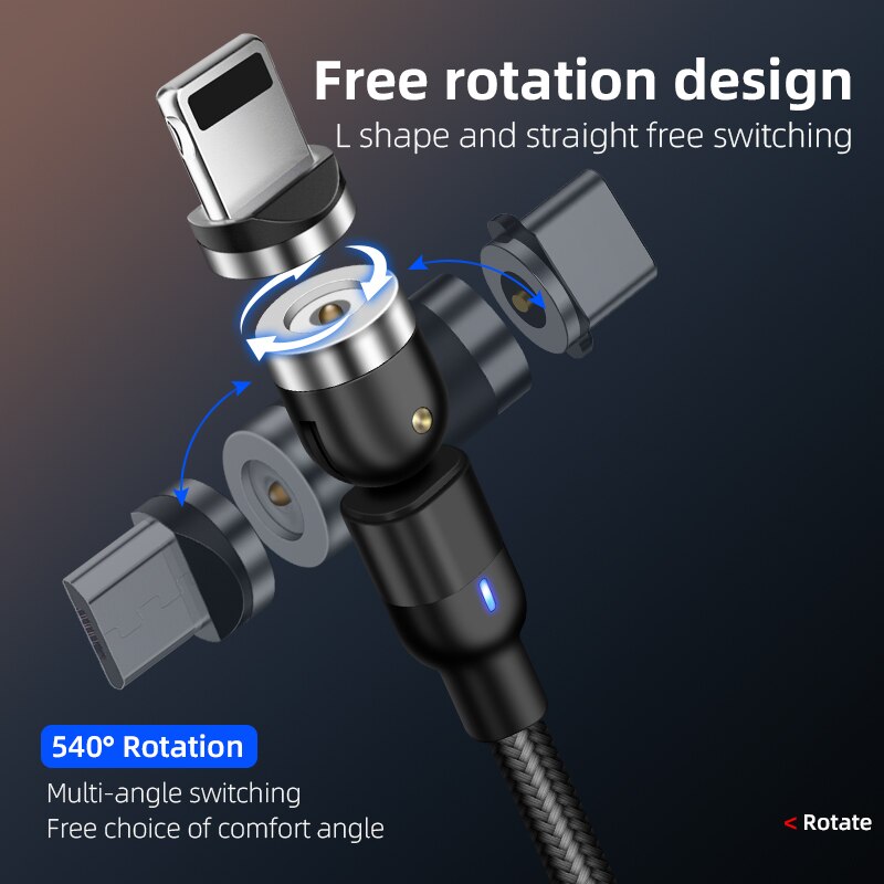 Verbessertes magnetisches schnellladekabel mit 3a micro-usb- und typ-c-anschlüssen für alle samsung- und iphone-modelle , 360+180 ° drehbar