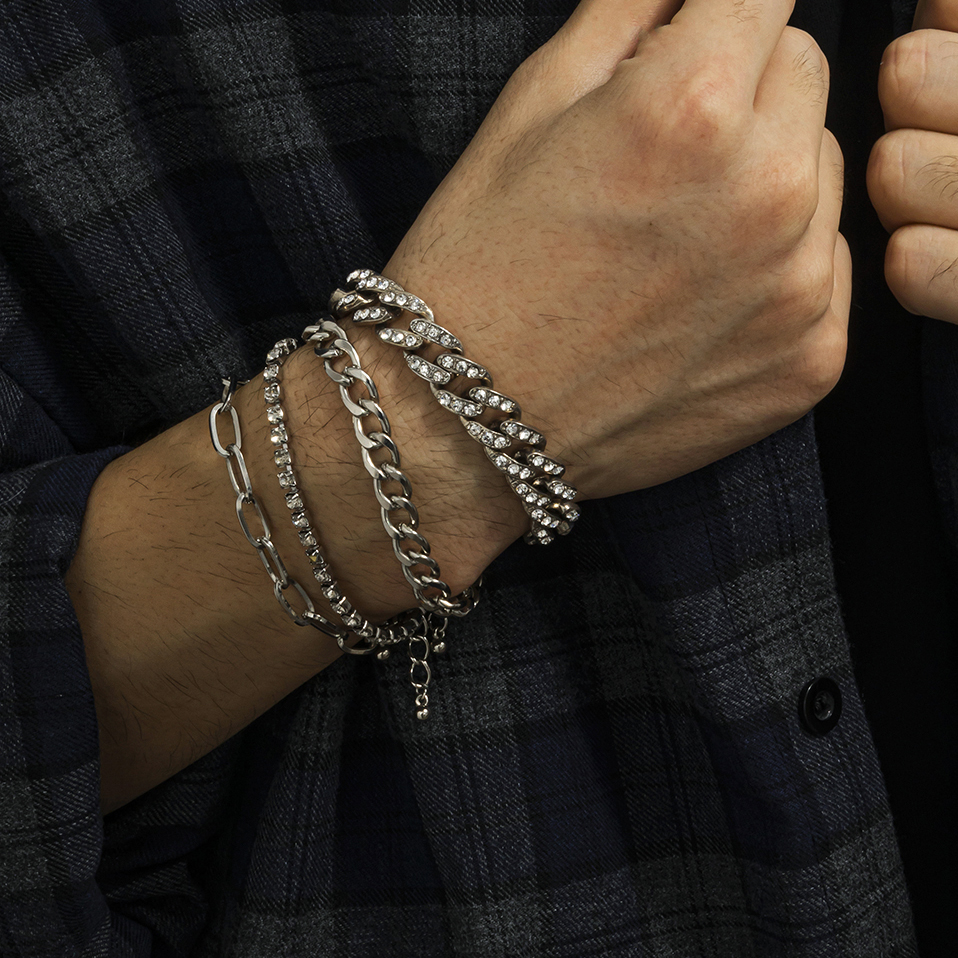 4 Stks/set Luxe Shiny Rhinestone Armbanden Set Bangle Vrouwen Mannen Verstelbare Clear Crystal Chunky Link Charm Armband Hand Sieraden: Goud-kleur