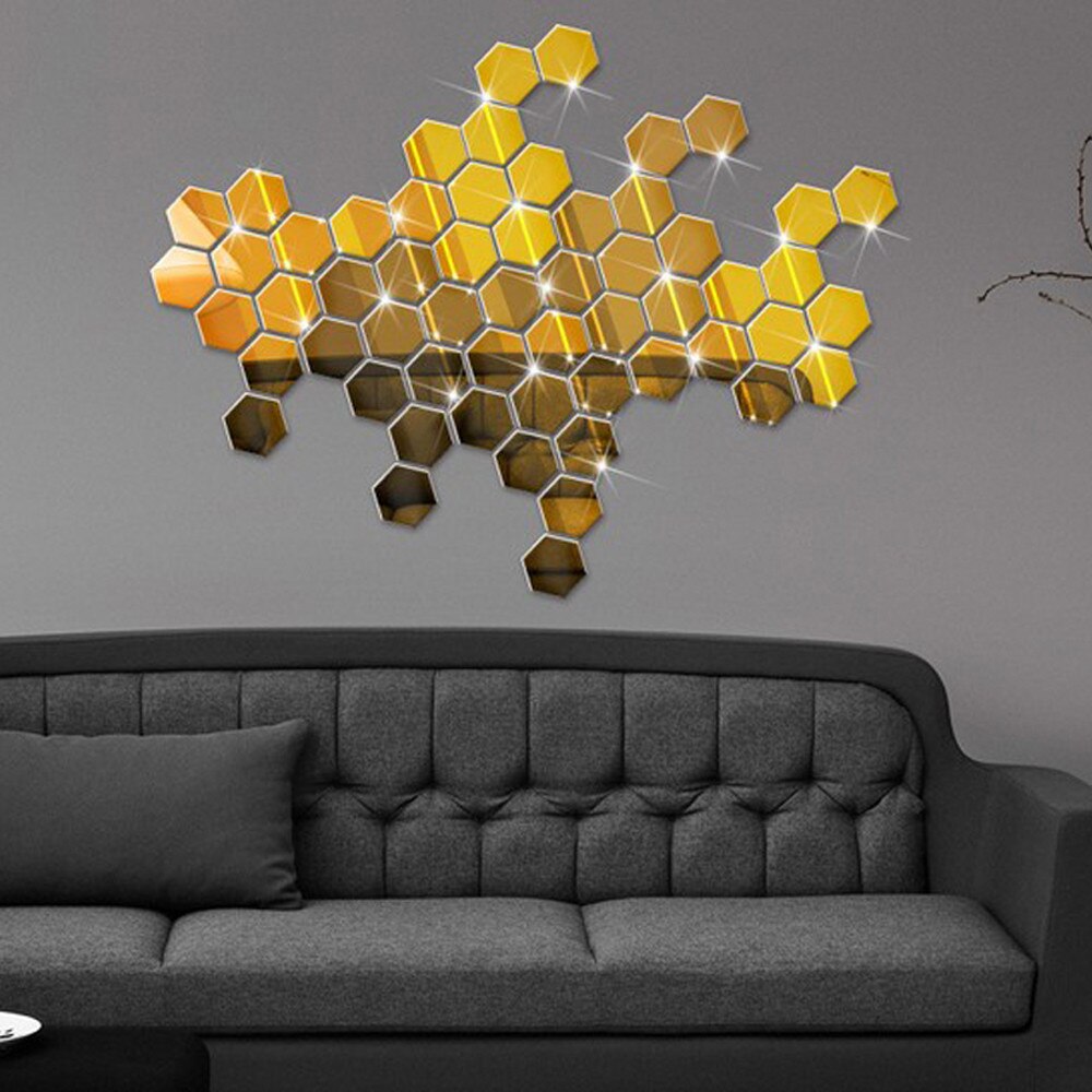 Pegatina de pared extraíble de vinilo para decoración del hogar, espejo 3D hexagonal, arte, , 12 Uds., # T: Oro