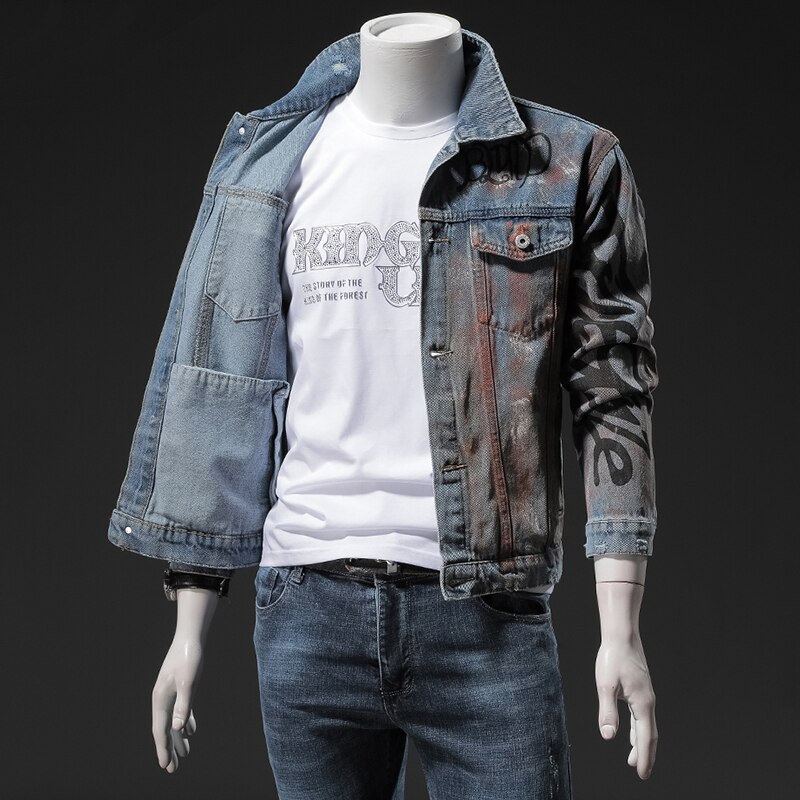 Hipster Sequins Eagle Punk Denim Jacket Men Hip Hop Streetwear Jeans Jacket Blue Embroidery Slim Denim Jacket Male
