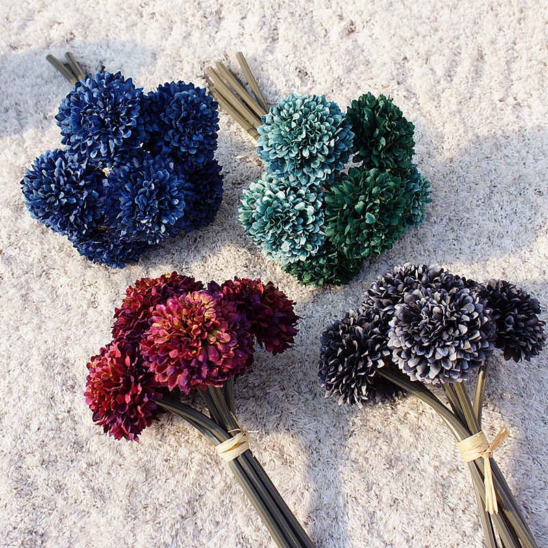 6 stykker  / 1 bunt silke nellike brude bukett bryllup hjem dekor kunstplanter dekorative blomster billig jul pompon