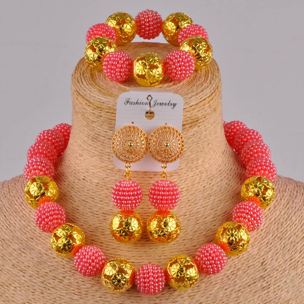Klassieke nigeriaanse trouwsieraden, afrikaanse bruidsjurkaccessoires, perzikkleurige imitatieparelkettingset (az -77): Rozenrood