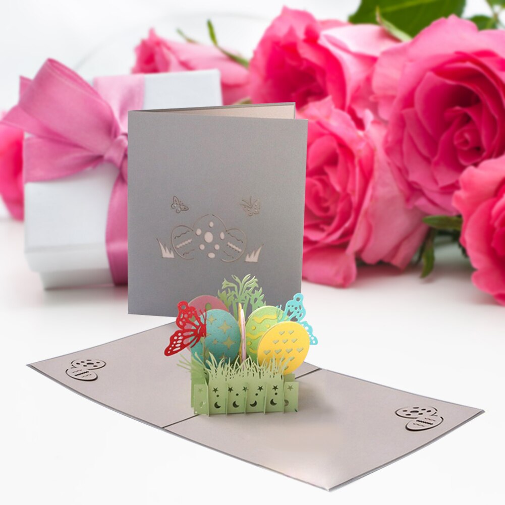 3D Pop-UP Easter Greeting Cards Butterfly Eggs Postcard Handmade Cutting Vintage Invite Cards with Envelope