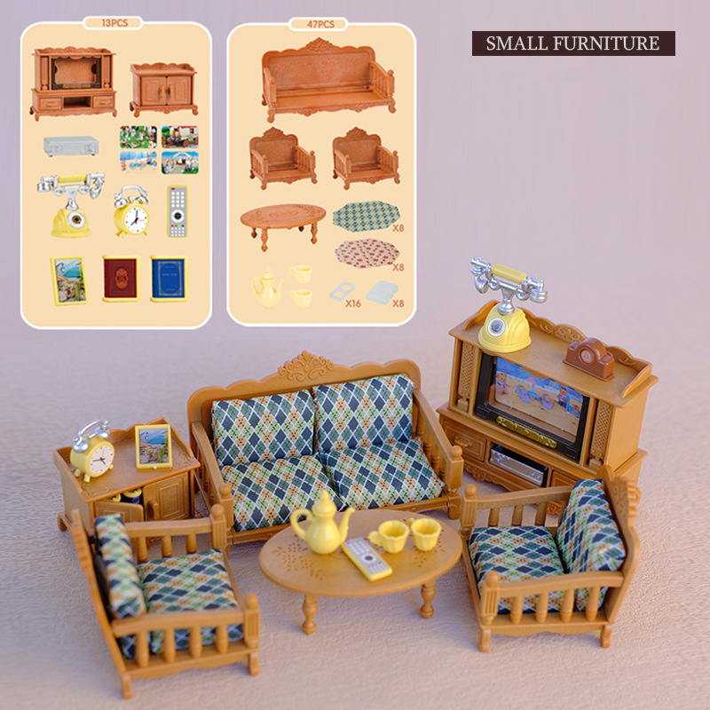 Miniatur-Puppenhaus-Möbelset, Miniatur-Küchenutensilien, Sofa-einstellen für das Wohnzimmer, Zubehör für BJD-Puppen: Braun