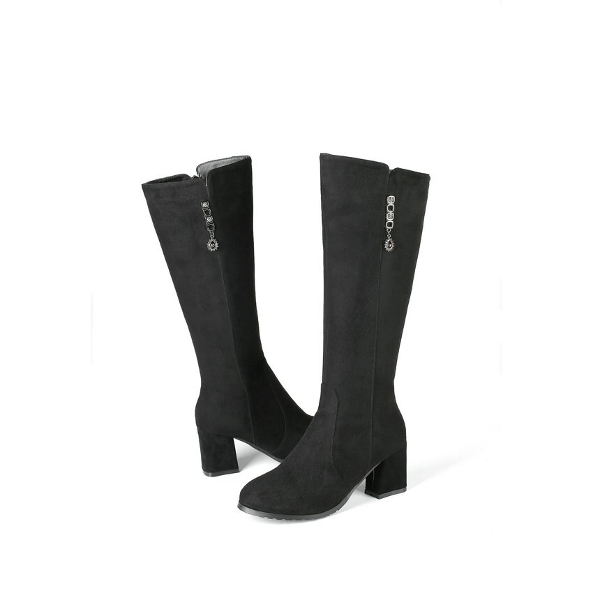 Qutaa höst vinter scrub rund tå blixtlås dam skor fyrkantiga högklackade strass knähöga stövlar storlek 34-43: 9