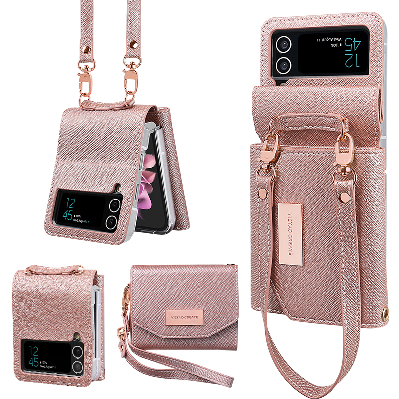 Vietao-Funda tipo billetera de cuero para Samsung Galaxy Z Flip 4, 3, Z4, Z3, funda para teléfono z flip 5 con correa de mano, funda z flip 6: Mezclilla / Azul