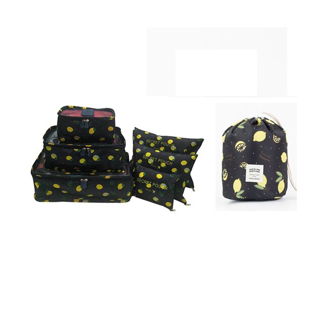 7 stks/set Mannen en Vrouwen Bagage Reistassen Verpakking Cubes Organizer Mode Dubbele Rits Waterdicht Polyester Zak: lemon