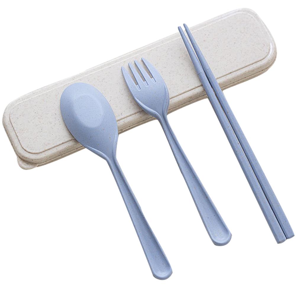 Portable Wheat Straw Cutlery Travel Fork Chopstick Spoon Camping Picnic Set: Blue