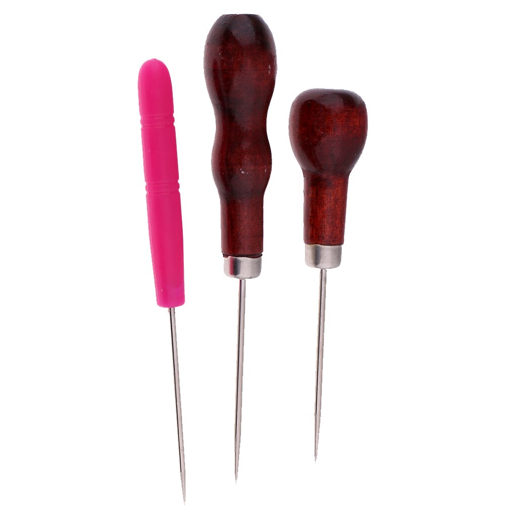 3Pcs Leather Sewing Awl Wood Handle Drillable Awl Pin Punching Hole Maker Stitching Overstitch Sewing Awl Kit