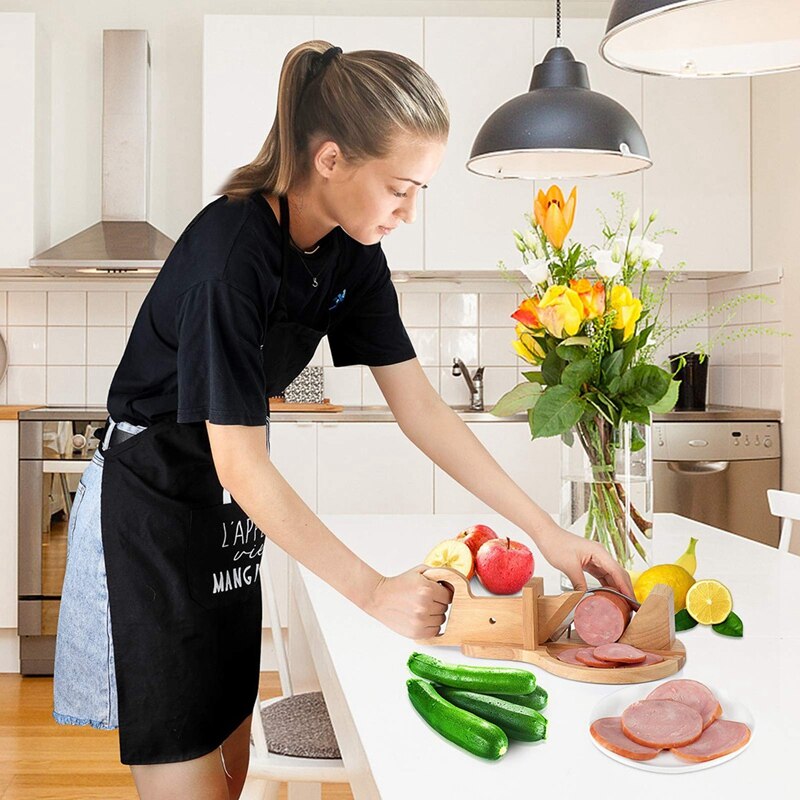 Wooden Sausage Salami Guillotine Slicer Cutter with Blade& Safety Lock Peg, Food Cutters Kitchen Gadget for Home