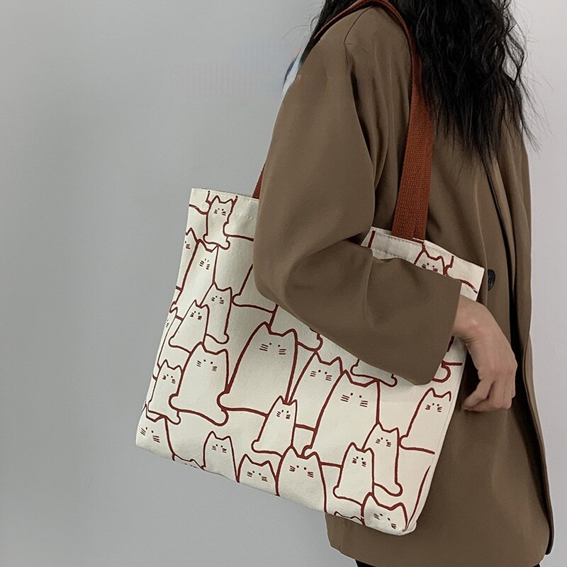 Sac à main en toile de grande capacité pour femmes, fourre-tout avec fermeture éclair, motif chat mignon, petit sac à bandoulière de styliste de Style japonais