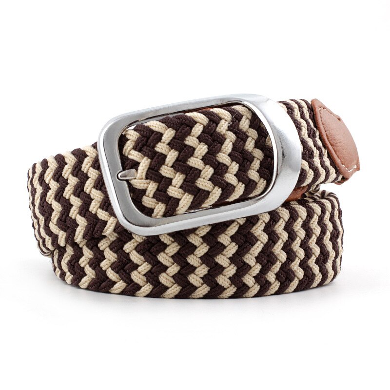 Menn kvinner elastisk belte lerret nylon tøyelig flettet belter til jeans nålspenne fargerik strikket webbing stropp rem: beige-brun