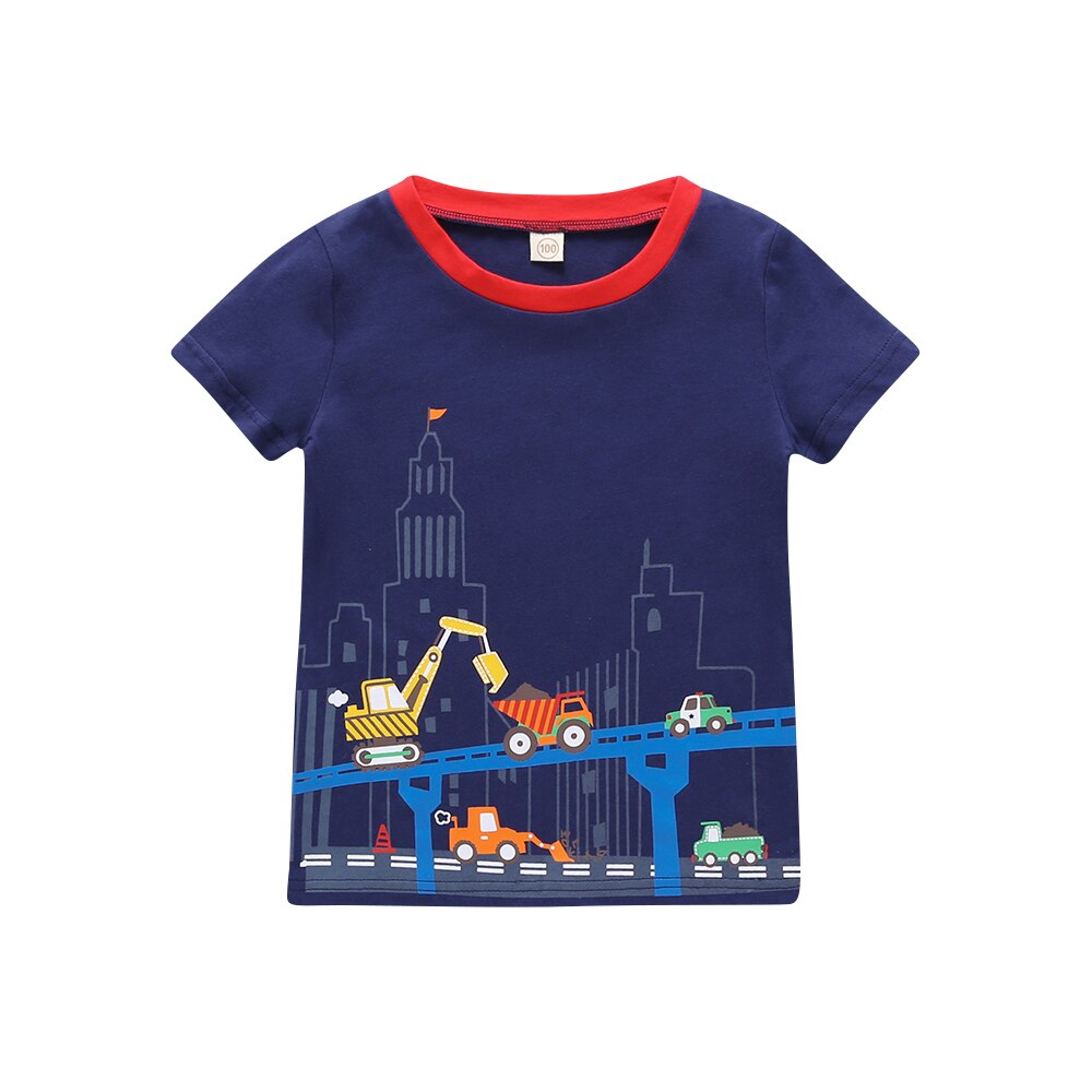 Infant Cartoon Car Print T-shirt Toddler Short Sleeve Round Neck Pullover Baby Loose Top: Navy Blue / 2T