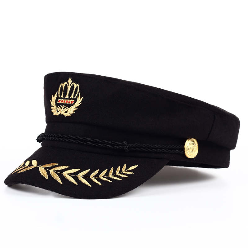 Voron studentlue menn kvinner kadettlue ull flat topp svart army matros lue unisex retro beret åttekantet lue: Svart