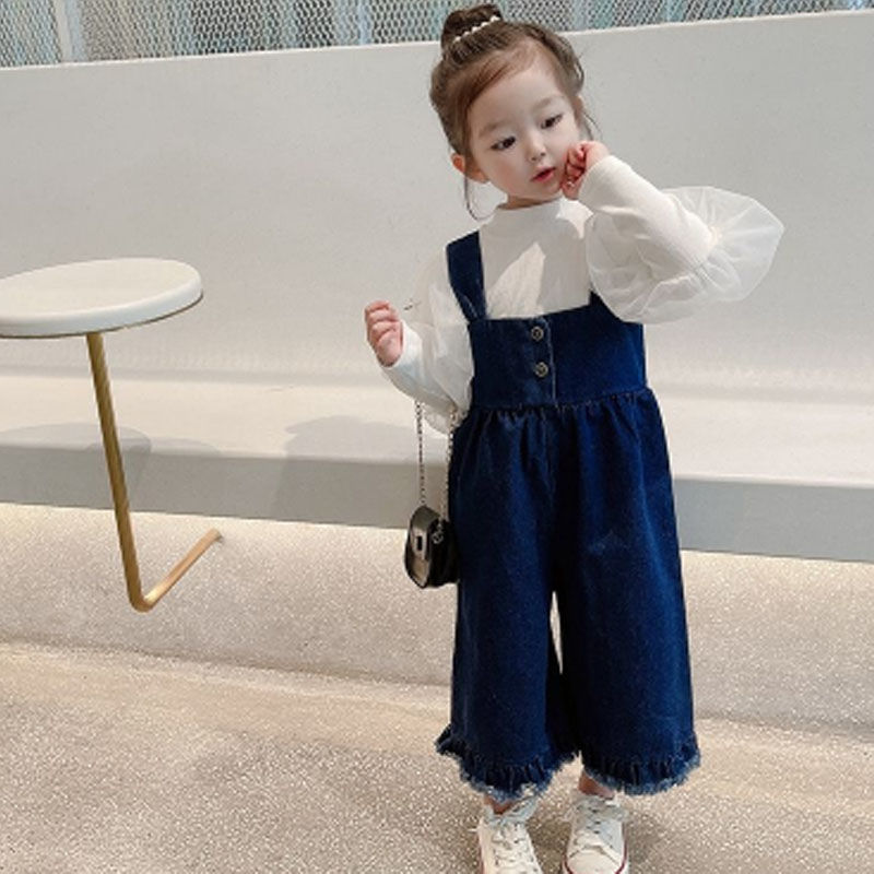 Monos de mezclilla para niñas, peto holgado informal azul para niños, pantalones vaqueros de pierna ancha, ropa para bebés, monos de estilo coreano