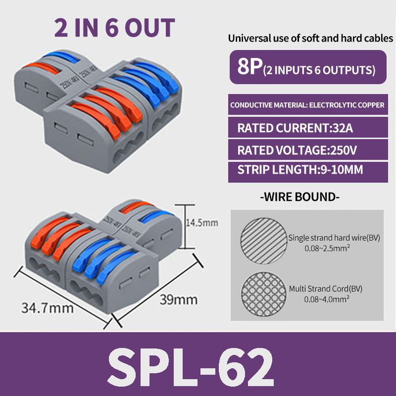 Conector de cableado rápido de salida múltiple, Cable de cableado divisor Universal, bloque de terminales de empuje, cableado rápido Universal SPL 222 23