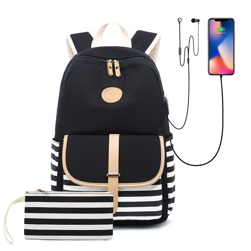 Vrouwen Rugzak Canvas Leather Reizen Schoudertas Stijlvolle Schooltas Meisje Multifunctionele School Rugzak Voor Vrouwen 2 Stuks: Black