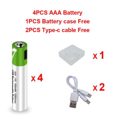 1.5V Mirco USB Rechargeable Battery 550mwh AAA Toys Remote controller batteries Lithium Polymer Battery: 4 PCS AAA and cable