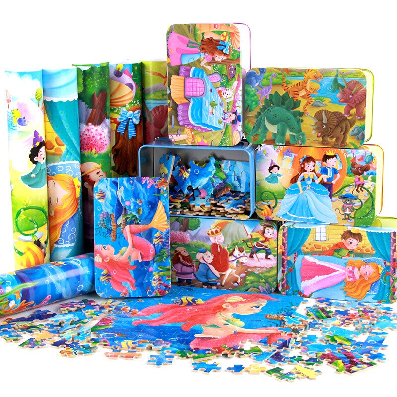 200 Pieces Wooden Puzzle Iron box Child Cartoon Animals Wood Jigsaw Puzzles Toy Kid Educational Learning Toys for Christmas