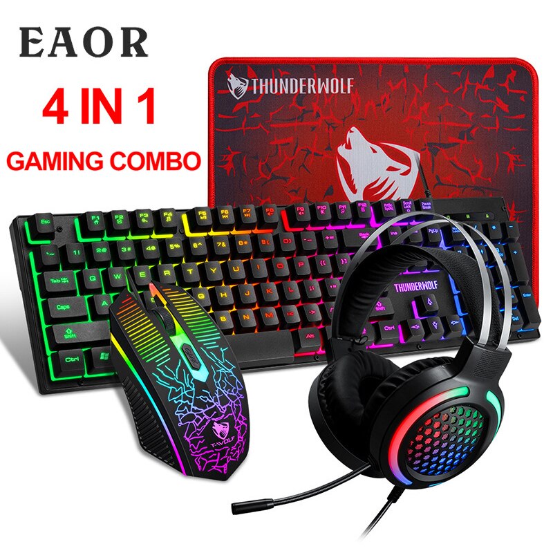 EAOR 4pcs Game Keyboard + Mouse + Headset + Mouse Pad Set, 2400DPI RGB Luminous Wired Gaming Keyboard Mouse Combos for PC Gamer