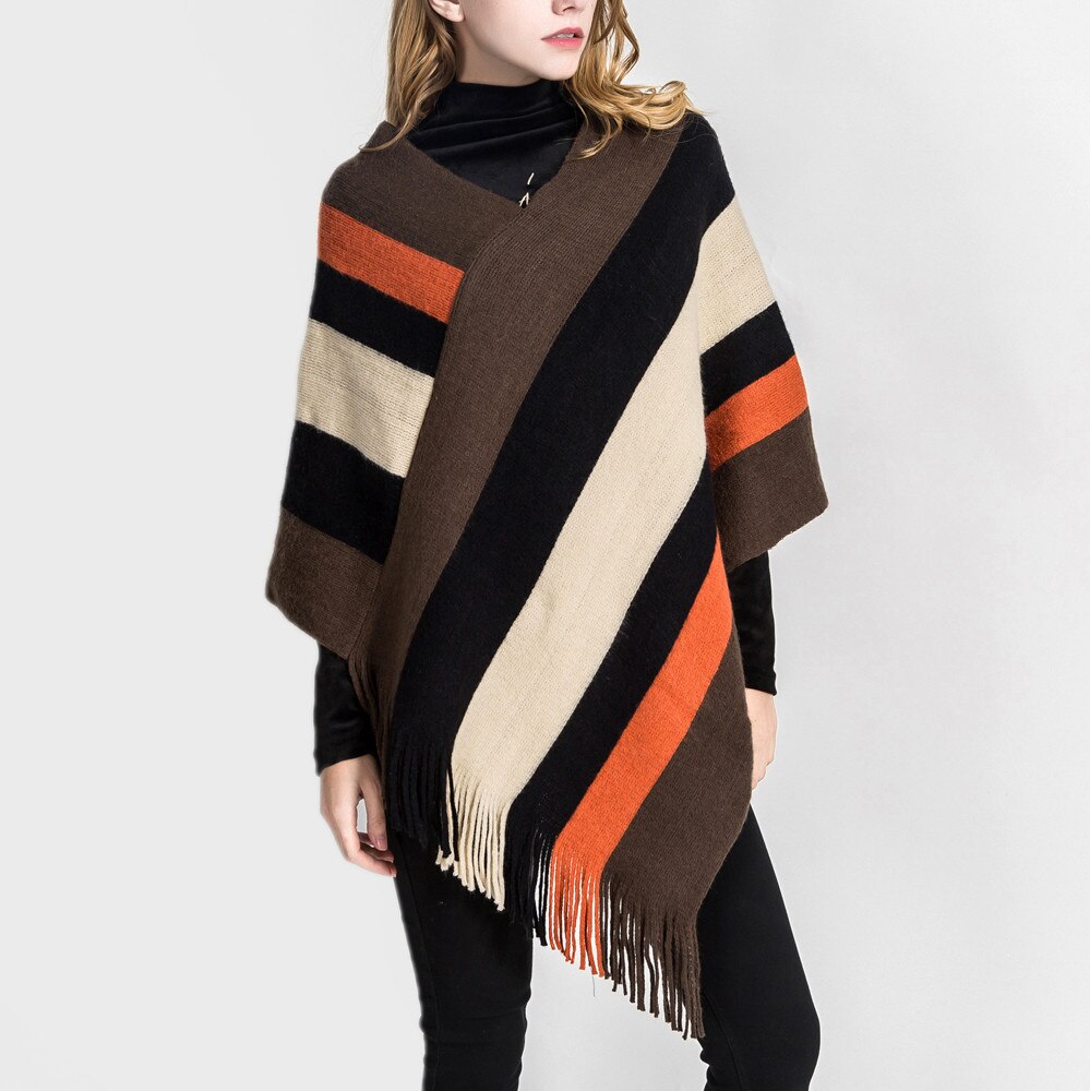 40# Tassel Striped Patchwork Sweater Poncho Tops Knitted Women Blanket Splicing Pattern Sweater Poncho Coat Wrap Cozy Shawl Tops
