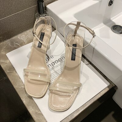 Damesschoenen wilde avondschoenen kristal transparante hoge hakken woord gesp sandalen vrouwelijke feeën stijl zachte schoenen: Hemelsblauw / 37