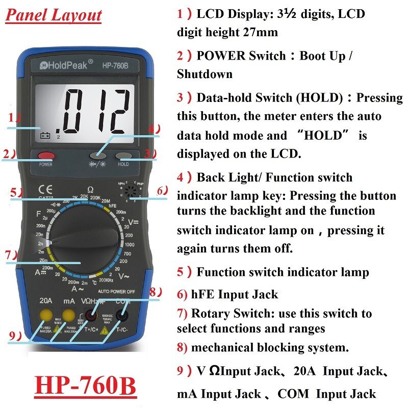 HoldPeak HP-760B Digital-Multimeter Meter mit Frequenz Temperatur Kapazität Widerstand Prüfung und Tragen Tasche