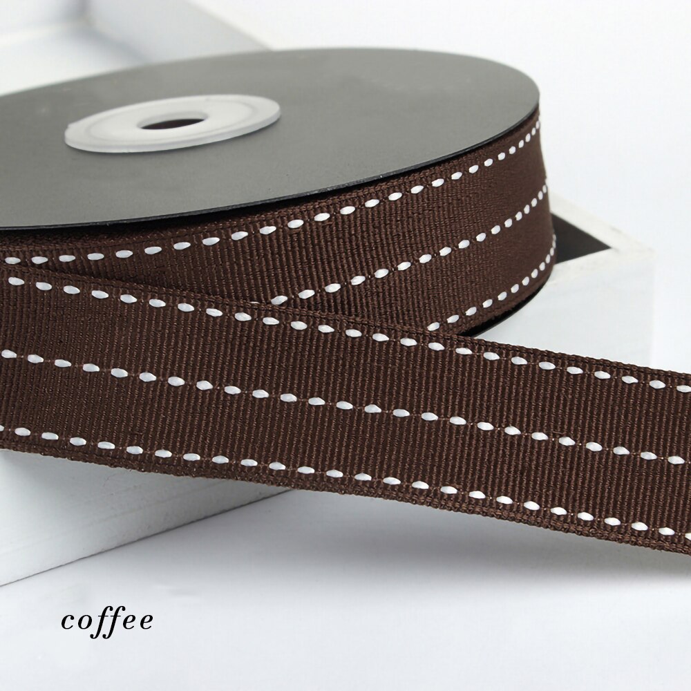 25mm 1inch Grosgrain Dotted Line Rib Ribbons Tape DIY Hairbow Bowknow Material Wedding Birthday Christmas Baking Wrapping: TDT Coffee / 5Yards
