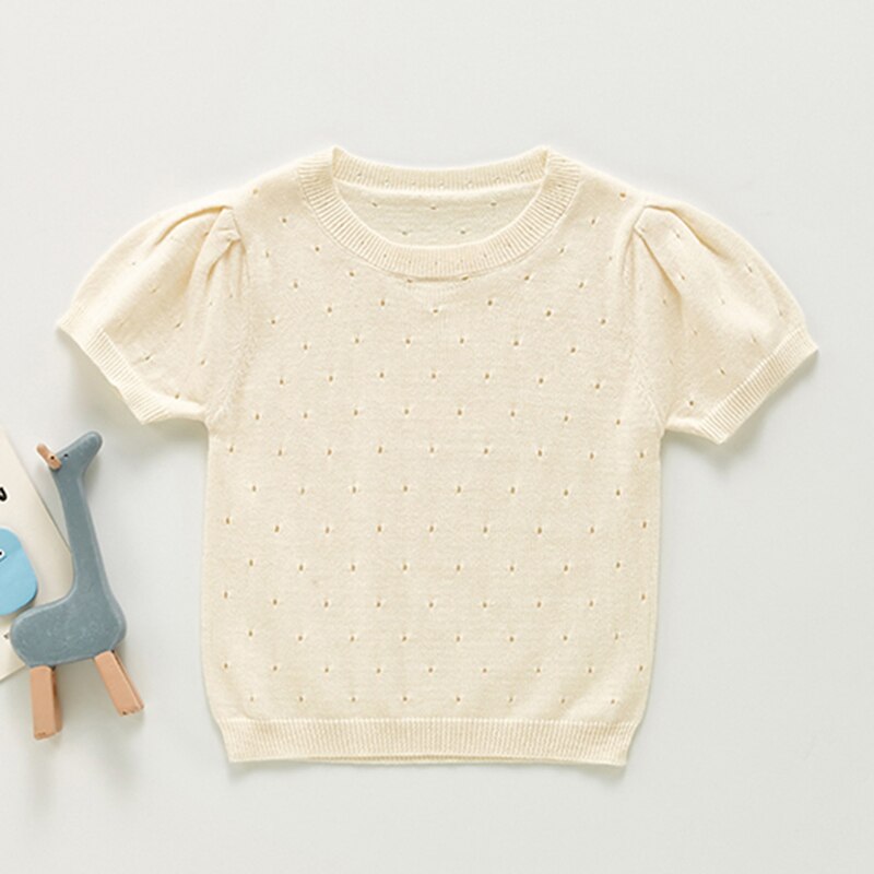 Camiseta infantil de malha angou 2021, camiseta de bebê para meninas, manga curta de cor pura e fofa: 212T07 apricot / 3M-66