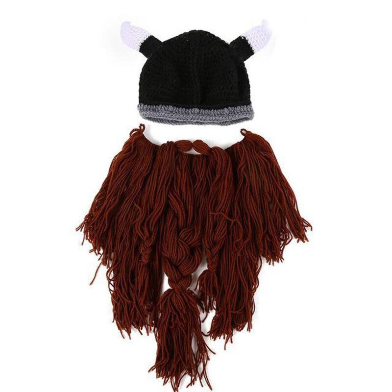 Men&#39;s Knit Viking Beard Horn Hat Crazy Ski Cap Barbarian Vagabond Beanie Halloween Winter Handmade Funny Hat + Beard