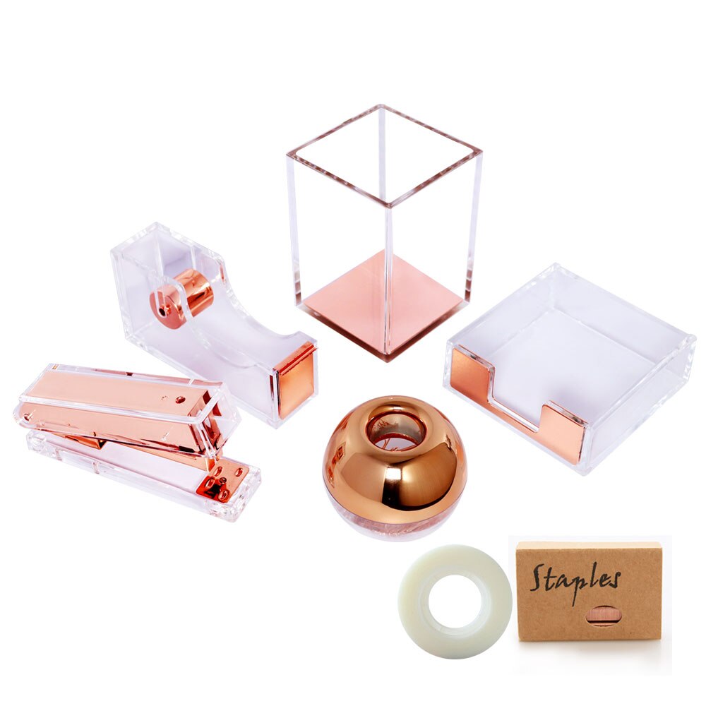 Acrylic Silver Desk Organizer Pen Holder Stapler Tape Dispenser Notepad Holder For Office Supplies And Desk Accessories: Rose Gold Set