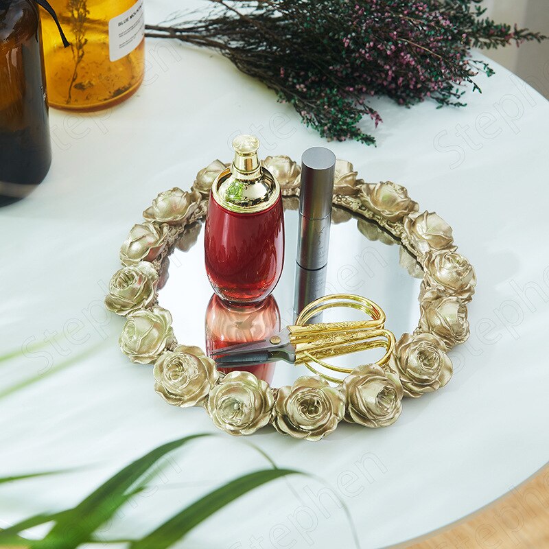 Pozłacane rozety lustro tace dekoracyjne nordycki luksusowe biżuteria kosmetyczne taca wystawiennicza kute szklane deser ciasto talerze