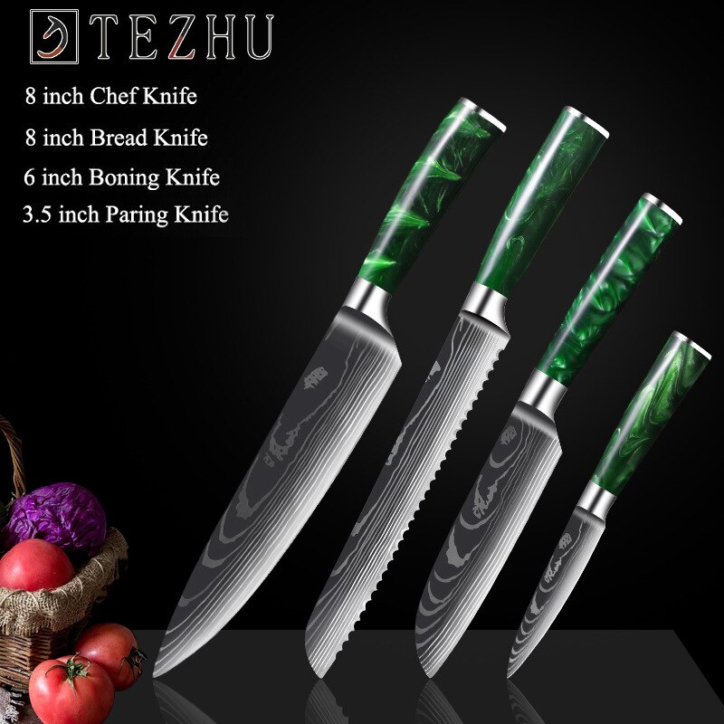 Professionele Keuken Messen Set Japanse High Carbon Staal Chef Messen Imitatie Damascus Patroon Slicer Santokumes Set: 4pcs