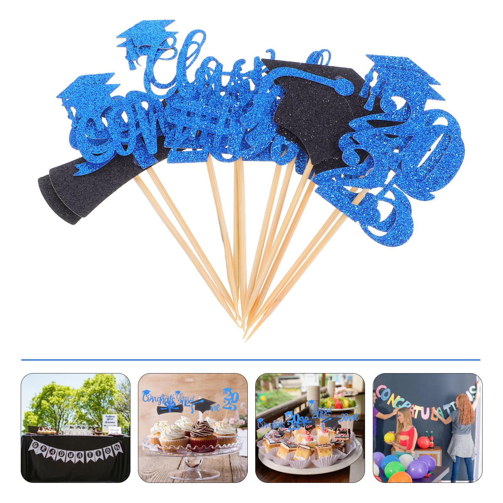 12Pcs Graduation Cake Toppers Class of Grad Cap Cupcake Picks Festive Glitter Versatile Dessert Decoration