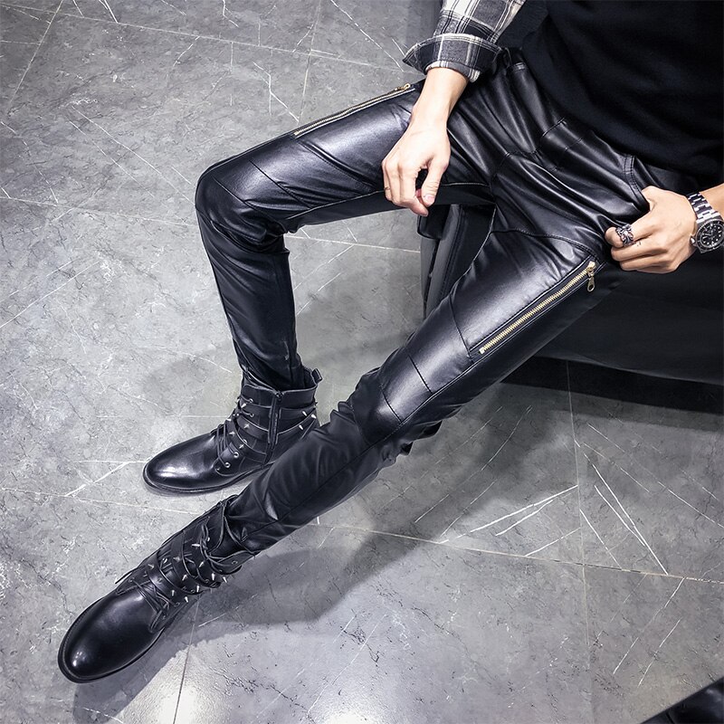 Pantalon en cuir homme | Automne et hiver, pieds Slim, Plus velours épais, coupe-vent , Hip Hop Fan Car, pantalons