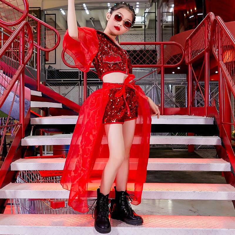 Glimmende pailletten podiumkostuums voor kinderen hiphop performance kleding meisjes jazz dans set paarse band outfit dnv 14051: Rood 3 stuks / 150cm