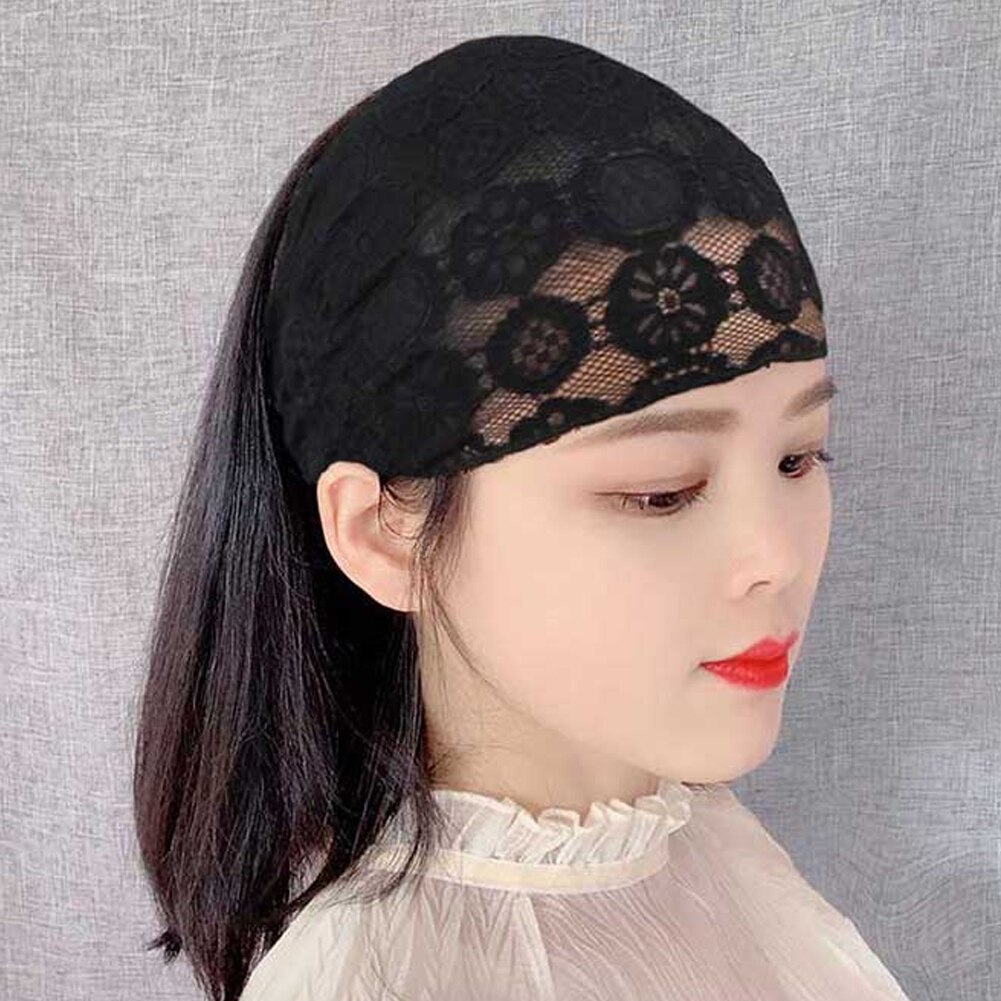 Vrouwen See Through Floral Lace Stretch Brede Head Band Haarband Bandana Headwrap