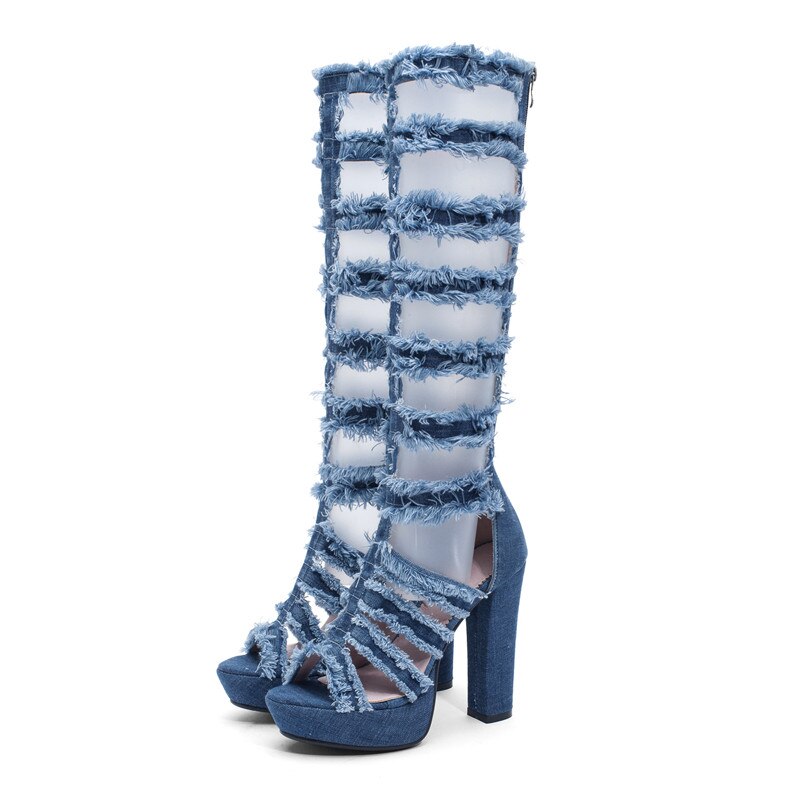 MORAZORA knie hohe stiefel frauen Denim sommer stiefel hoch Fersen plattform schuhe aushöhlen Punk prom stiefel weibliche