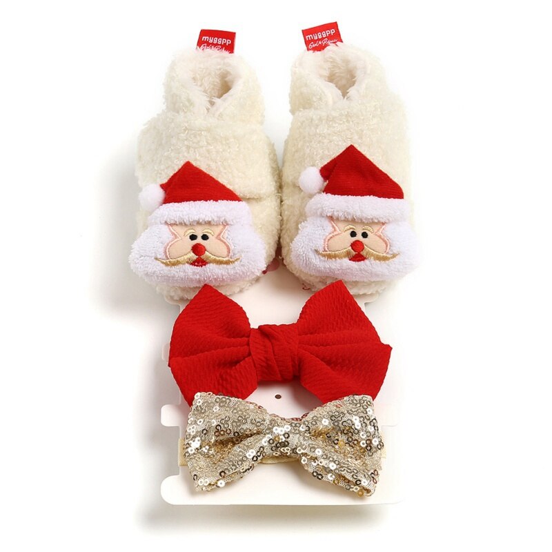 Newborn Baby Girl Boy Wnter morbidi stivali di peluche antiscivolo cervi di natale babbo natale scarpe carine + 2 fasce o 2 calzini abito