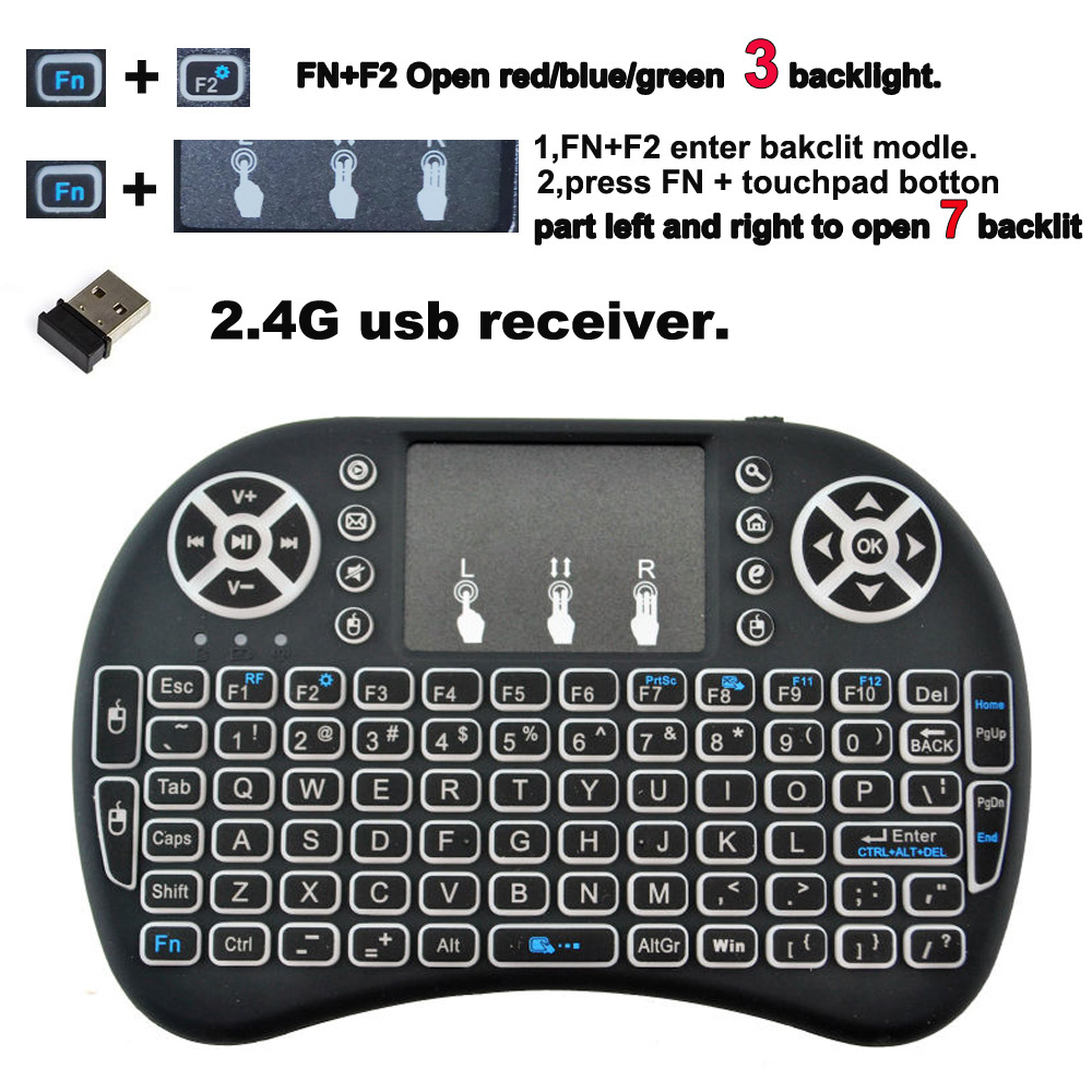 7. Podświetlana angielska rosyjska francuska hiszpańska portugalsko-arabska 2.4G Air Mouse Remote dla Android TV Box PC I8 Mini bezprzewodowa klawiatura