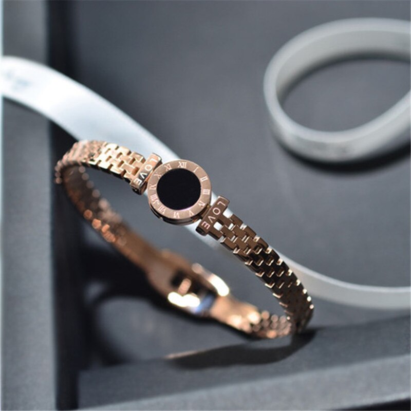 Roestvrij Stalen Armband Zwart Acryl Armband Rose Gouden Armband Carving Romeinse Cijfer Lover Manchet Armband Armband Sieraden