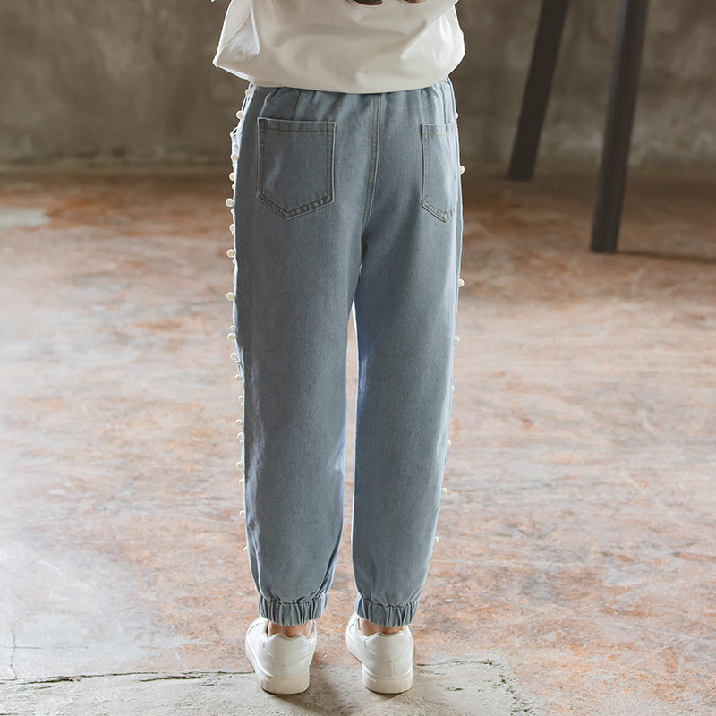 Børne jeans med perler løs stil børn pencil jeans til piger baby denim bukser teenager kausal pencil bukser