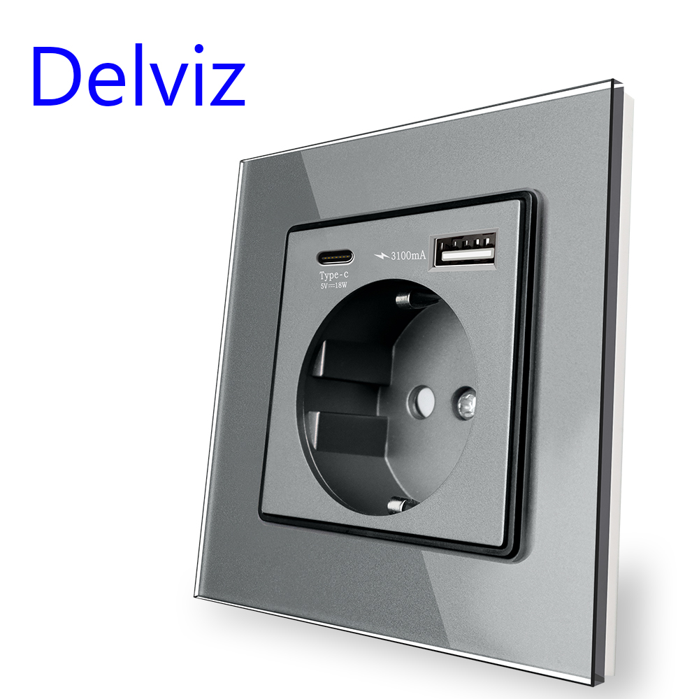 Delviz EU standard USB Socket, Crystal glass panel,1A1C dual interface smart quick charge,Wall Power Outlet With Type-C USB port: Tabletop Socket