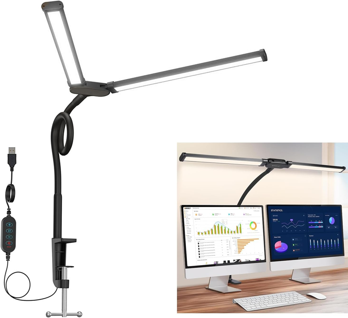Home Office LED-bureaulamp met clip op dubbele kop Computermonitor Verstelbare en flexibele clip-on lamp met zwanenhalsontwerp: zwart